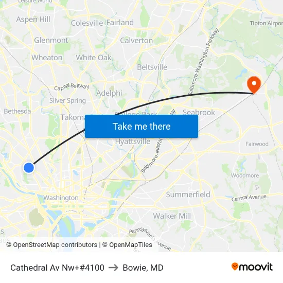 Cathedral Av Nw+#4100 to Bowie, MD map