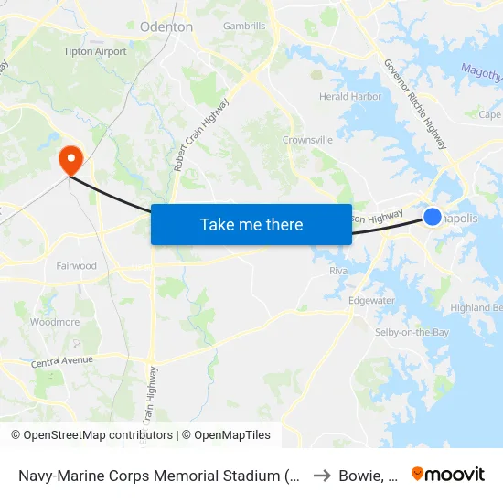 Navy-Marine Corps Memorial Stadium (Stop 1) to Bowie, MD map