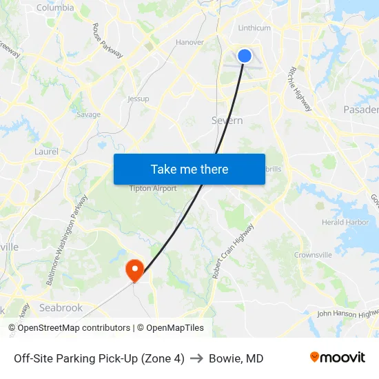 Off-Site Parking Pick-Up (Zone 4) to Bowie, MD map