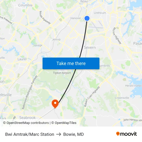 Bwi Amtrak/Marc Station to Bowie, MD map