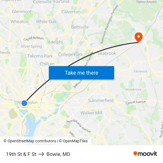 19th St & F St to Bowie, MD map