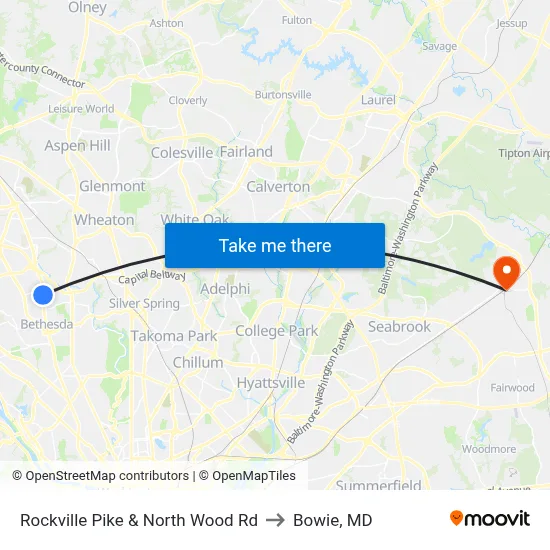 Rockville Pike & North Wood Rd to Bowie, MD map
