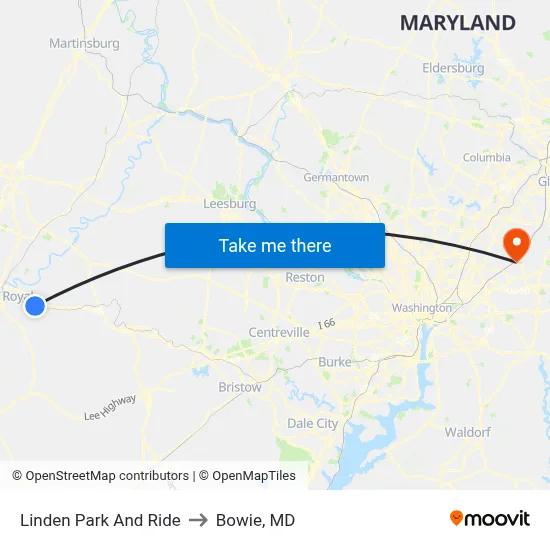 Linden Park And Ride to Bowie, MD map