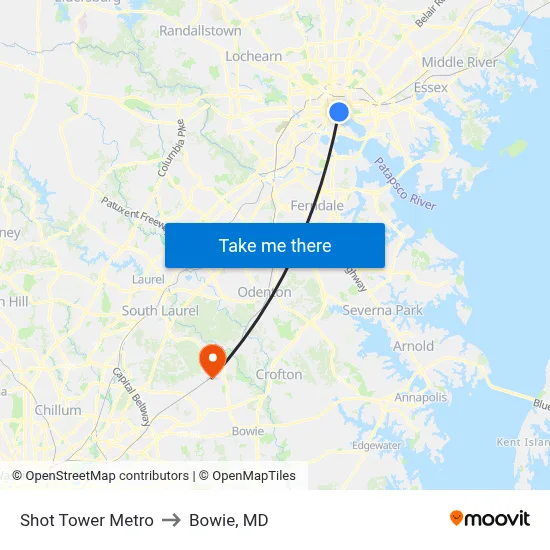 Shot Tower Metro to Bowie, MD map