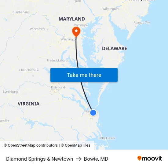 Diamond Springs & Newtown to Bowie, MD map