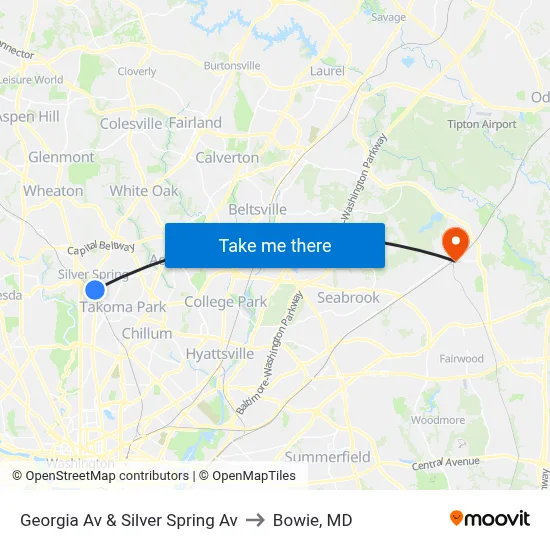 Georgia Av & Silver Spring Av to Bowie, MD map