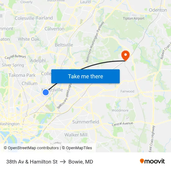 38th Av & Hamilton St to Bowie, MD map