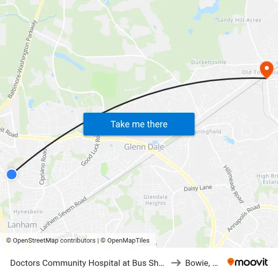 Doctors Community Hospital at Bus Shelter to Bowie, MD map