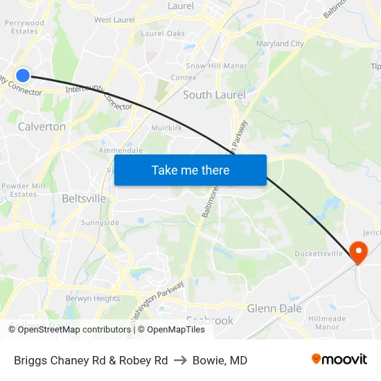 Briggs Chaney Rd & Robey Rd to Bowie, MD map
