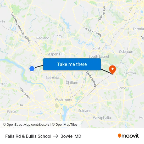 Falls Rd & Bullis School to Bowie, MD map