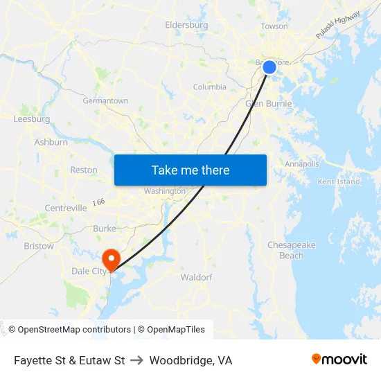 Fayette St & Eutaw St to Woodbridge, VA map