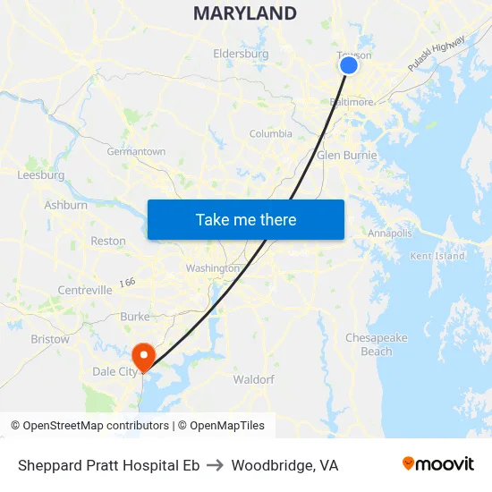 Sheppard Pratt Hospital Eb to Woodbridge, VA map