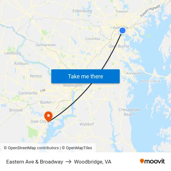 Eastern Ave & Broadway to Woodbridge, VA map