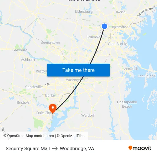 Security Square Mall to Woodbridge, VA map