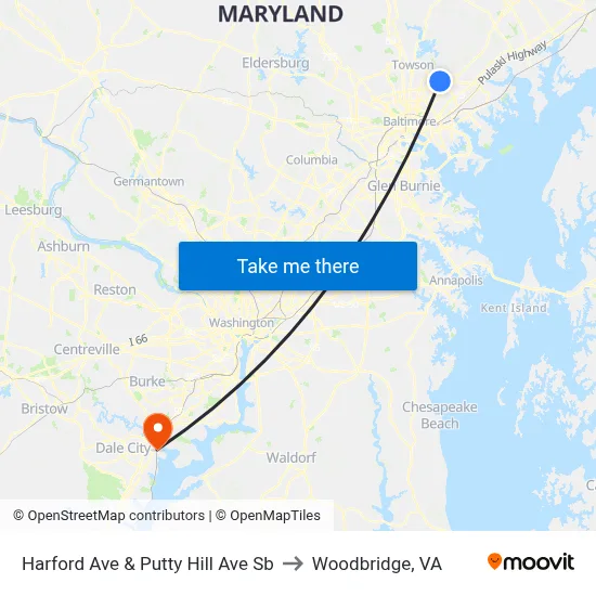 Harford Ave & Putty Hill Ave Sb to Woodbridge, VA map