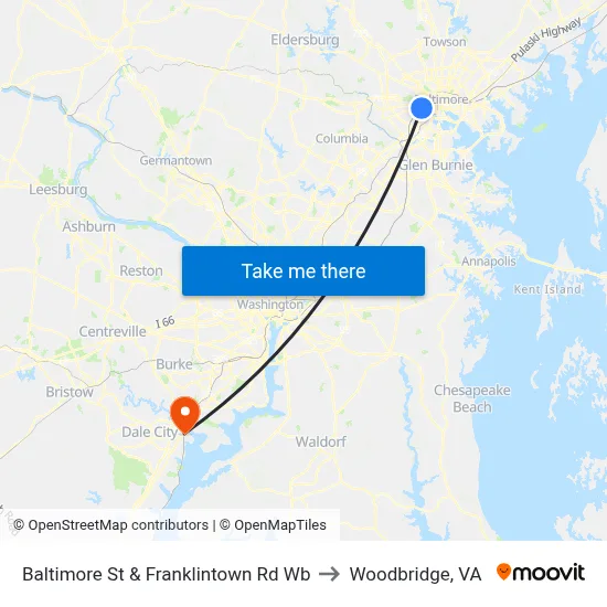 Baltimore St & Franklintown Rd Wb to Woodbridge, VA map