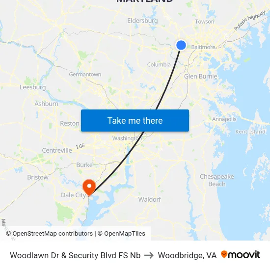 Woodlawn Dr & Security Blvd FS Nb to Woodbridge, VA map