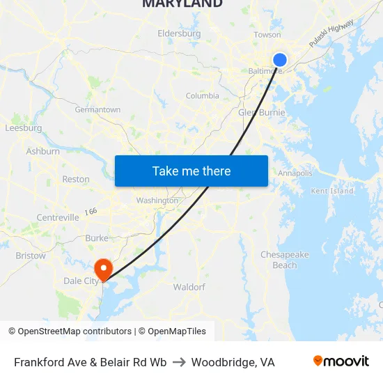 Frankford Ave & Belair Rd Wb to Woodbridge, VA map