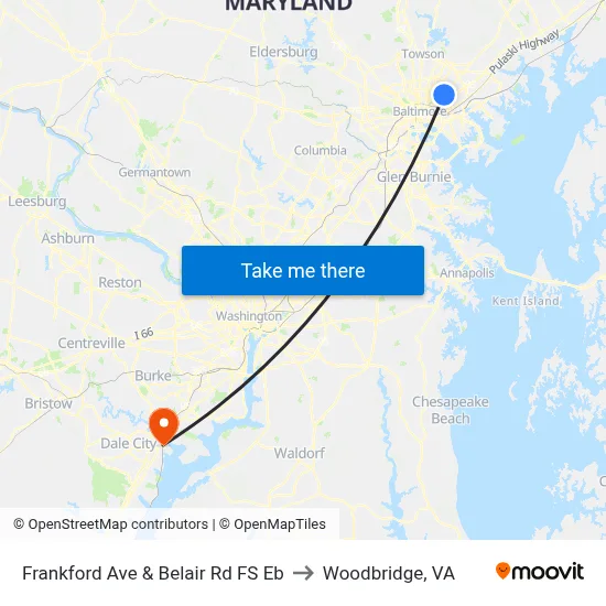 Frankford Ave & Belair Rd FS Eb to Woodbridge, VA map