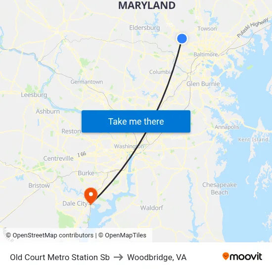 Old Court Metro Station Sb to Woodbridge, VA map