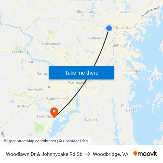 Woodlawn Dr & Johnnycake Rd Sb to Woodbridge, VA map