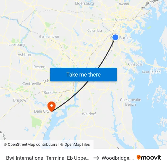 Bwi International Terminal Eb Upper Level to Woodbridge, VA map