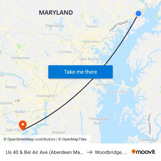 Us 40 & Bel Air Ave (Aberdeen Marc) to Woodbridge, VA map