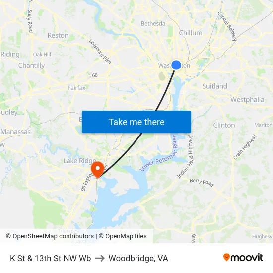 K St & 13th St NW Wb to Woodbridge, VA map