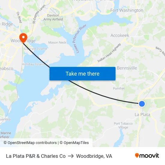 La Plata P&R & Charles Co to Woodbridge, VA map