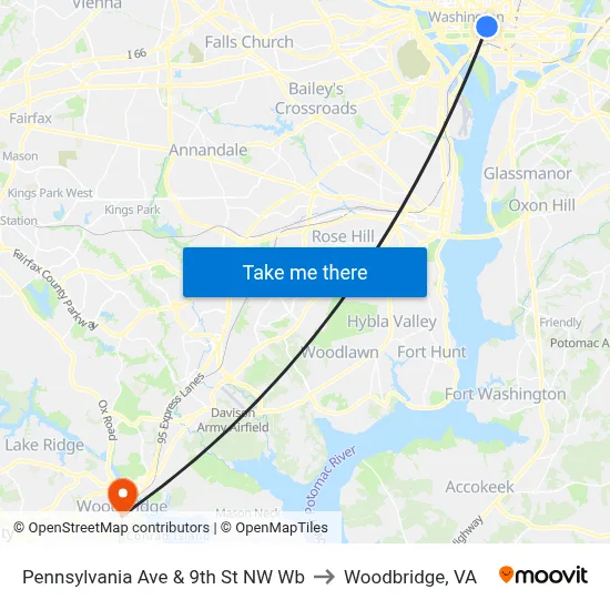 Pennsylvania Ave & 9th St NW Wb to Woodbridge, VA map