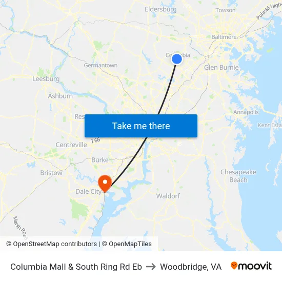 Columbia Mall & South Ring Rd Eb to Woodbridge, VA map