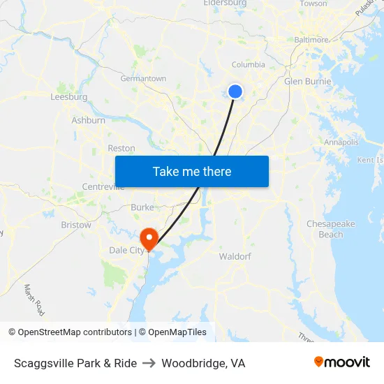 Scaggsville Park & Ride to Woodbridge, VA map