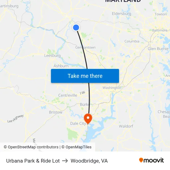 Urbana Park & Ride Lot to Woodbridge, VA map