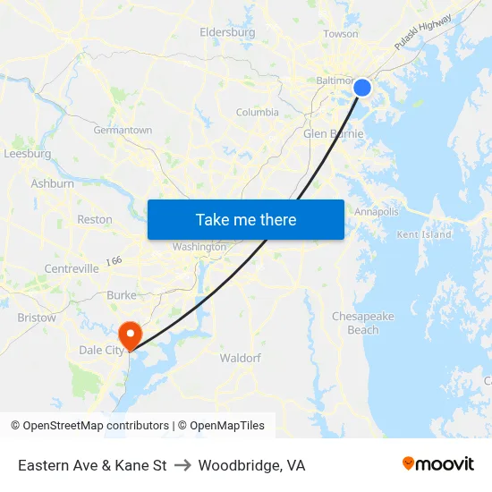 Eastern Ave & Kane St to Woodbridge, VA map