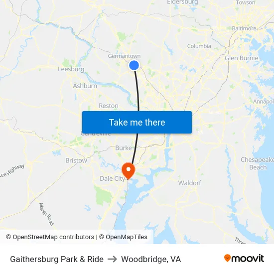 Gaithersburg Park & Ride to Woodbridge, VA map