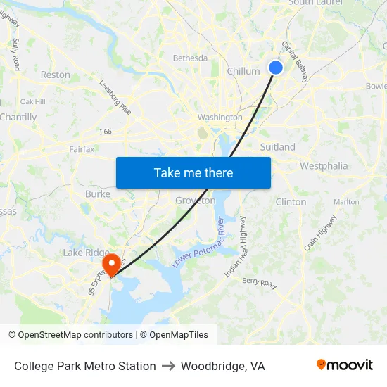 College Park Metro Station to Woodbridge, VA map