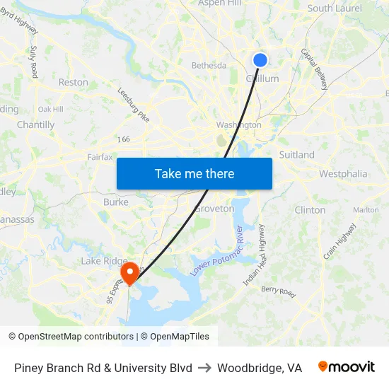 Piney Branch Rd & University Blvd to Woodbridge, VA map