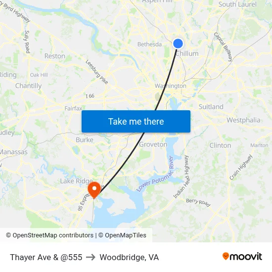 Thayer Ave & @555 to Woodbridge, VA map