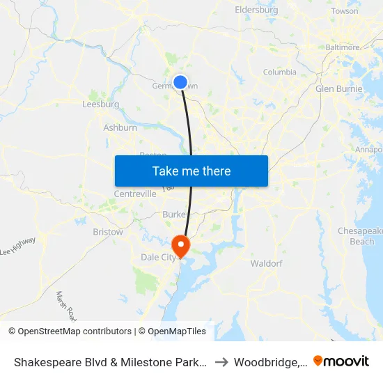 Shakespeare Blvd & Milestone Park & Ride to Woodbridge, VA map