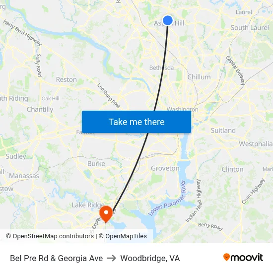 Bel Pre Rd & Georgia Ave to Woodbridge, VA map