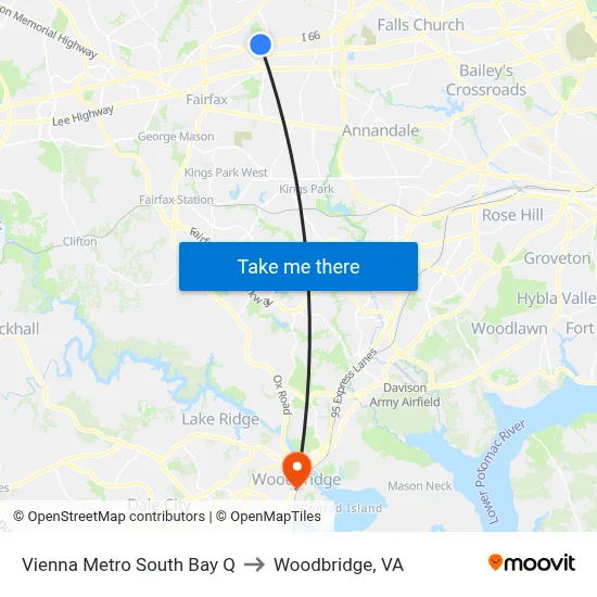 Vienna Metro South Bay Q to Woodbridge, VA map