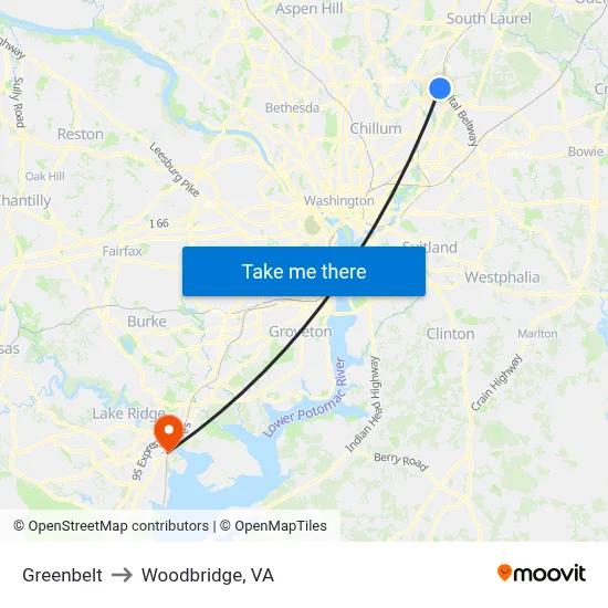Greenbelt to Woodbridge, VA map