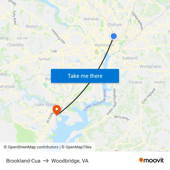 Brookland-Cua to Woodbridge, VA map