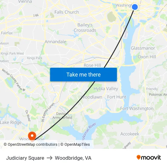 Judiciary Square to Woodbridge, VA map