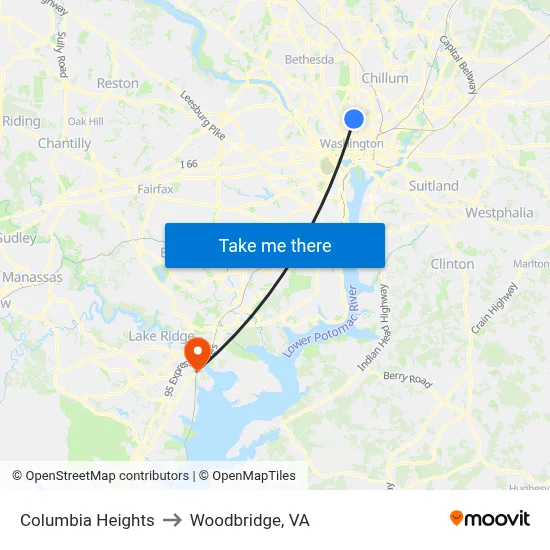 Columbia Heights to Woodbridge, VA map