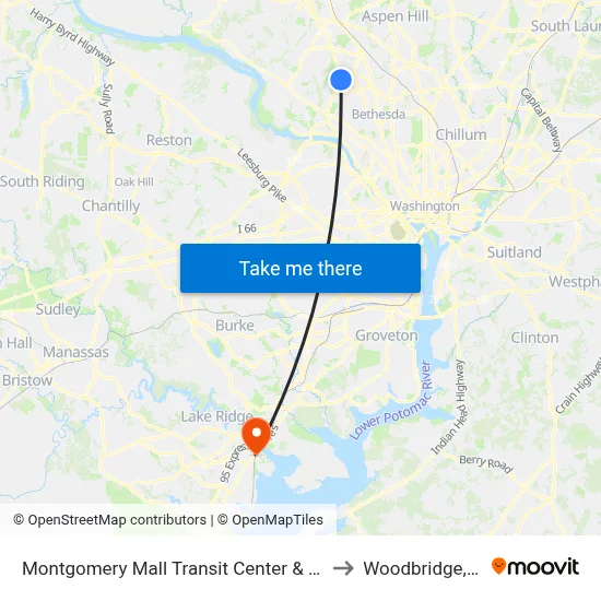 Montgomery Mall Transit Center & Bay E to Woodbridge, VA map