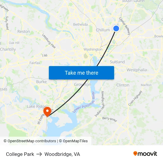 College Park to Woodbridge, VA map