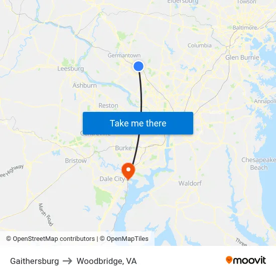 Gaithersburg to Woodbridge, VA map