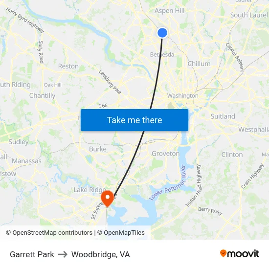 Garrett Park to Woodbridge, VA map