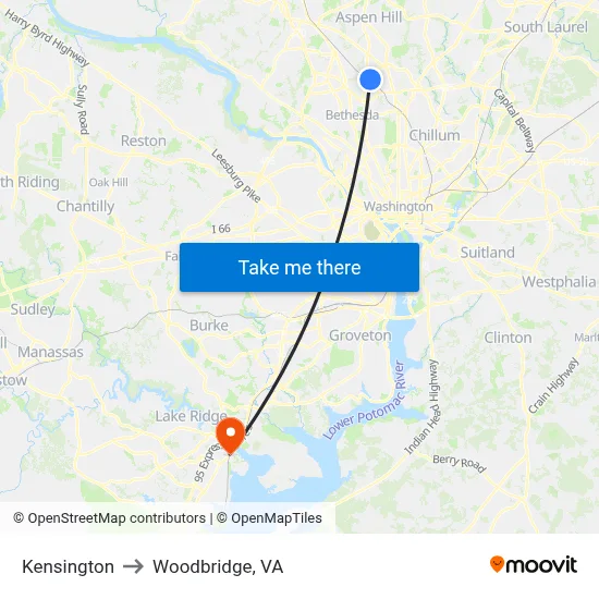 Kensington to Woodbridge, VA map